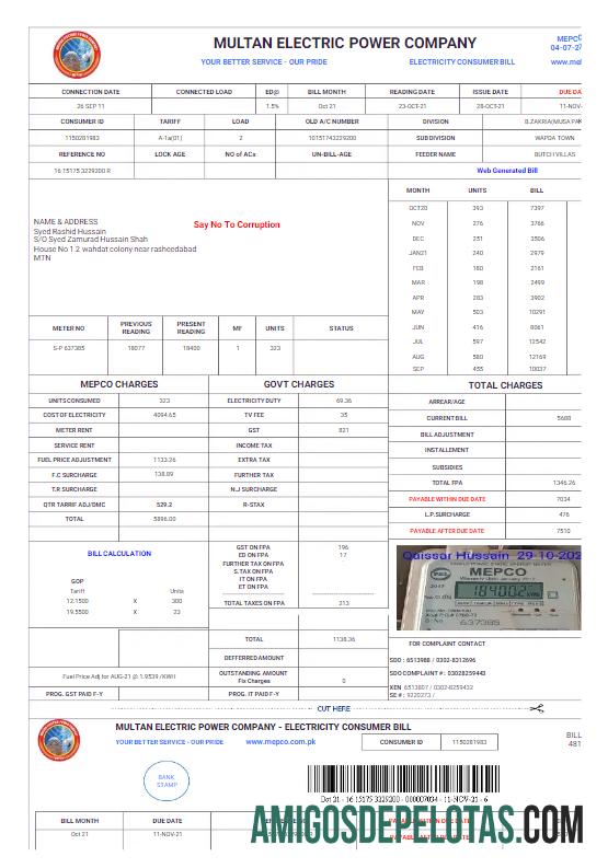 realista PAQUISTÃO MULTAN ENERGIA ELÉTRICA Conta de serviços públicos e modelo em PDF